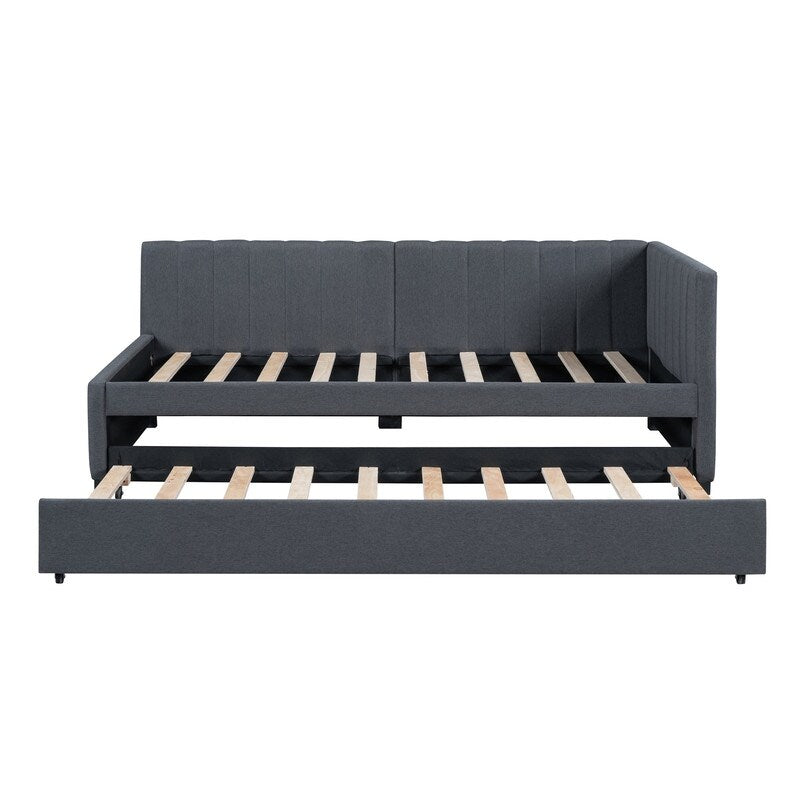 Upholstered Daybed with Trundle Twin Size Sofa Bed Frame No Box Spring Needed, Linen Fabric