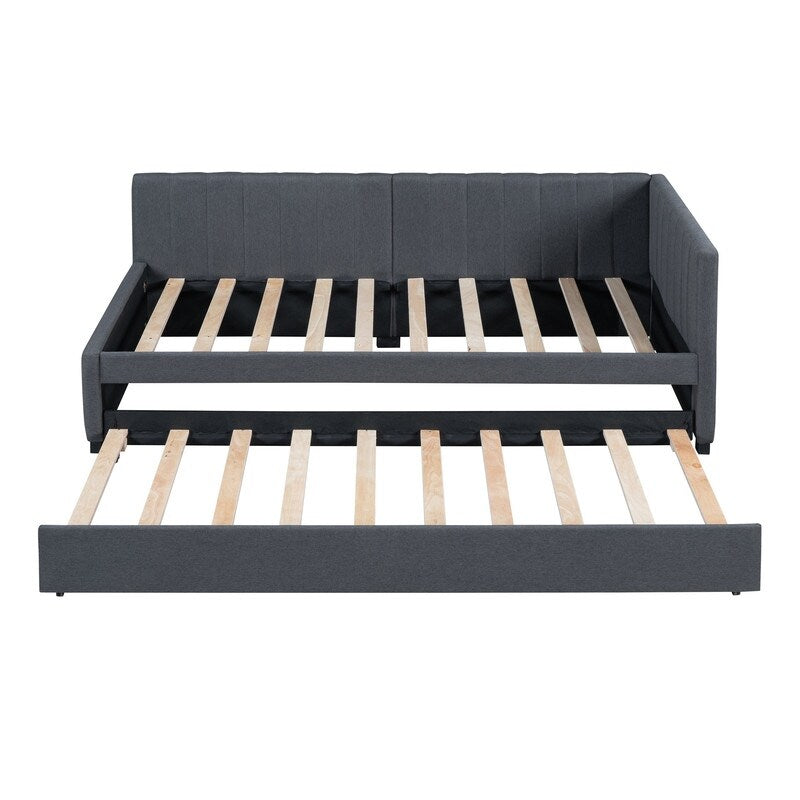 Upholstered Daybed with Trundle Twin Size Sofa Bed Frame No Box Spring Needed, Linen Fabric