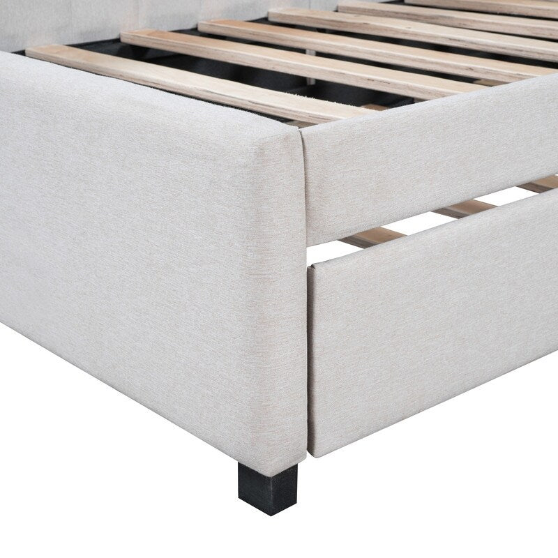 Upholstered Daybed with Trundle Twin Size Sofa Bed Frame No Box Spring Needed, Linen Fabric