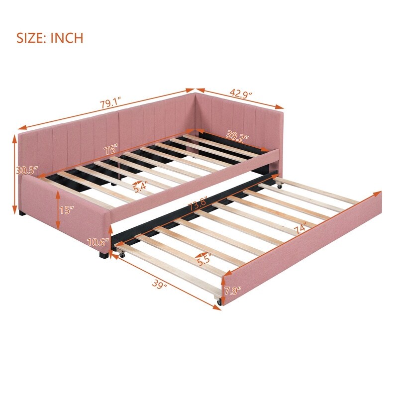 Upholstered Daybed with Trundle Twin Size Sofa Bed Frame No Box Spring Needed, Linen Fabric