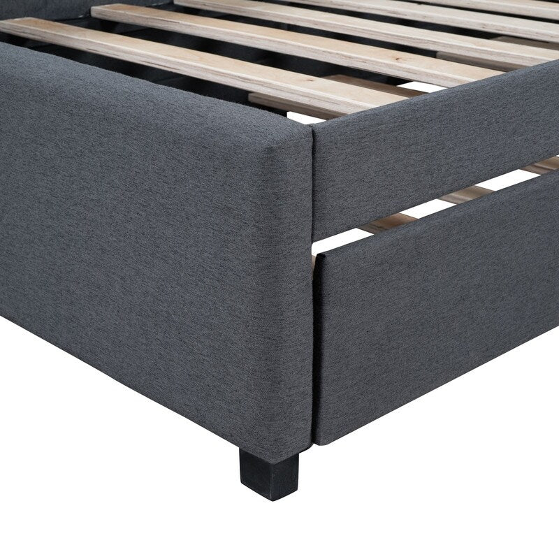 Upholstered Daybed with Trundle Twin Size Sofa Bed Frame No Box Spring Needed, Linen Fabric