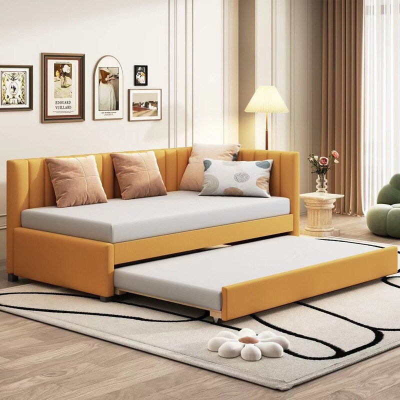 Upholstered Daybed with Trundle Twin Size Sofa Bed Frame No Box Spring Needed, Linen Fabric