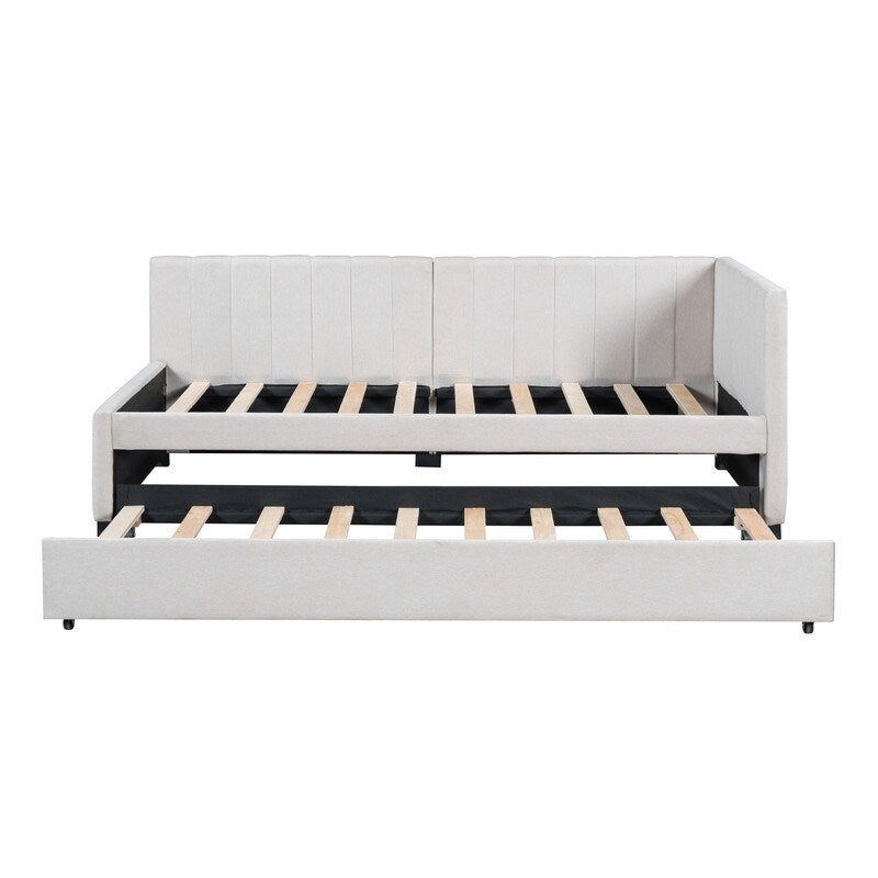 Upholstered Daybed with Trundle Twin Size Sofa Bed Frame No Box Spring Needed, Linen Fabric
