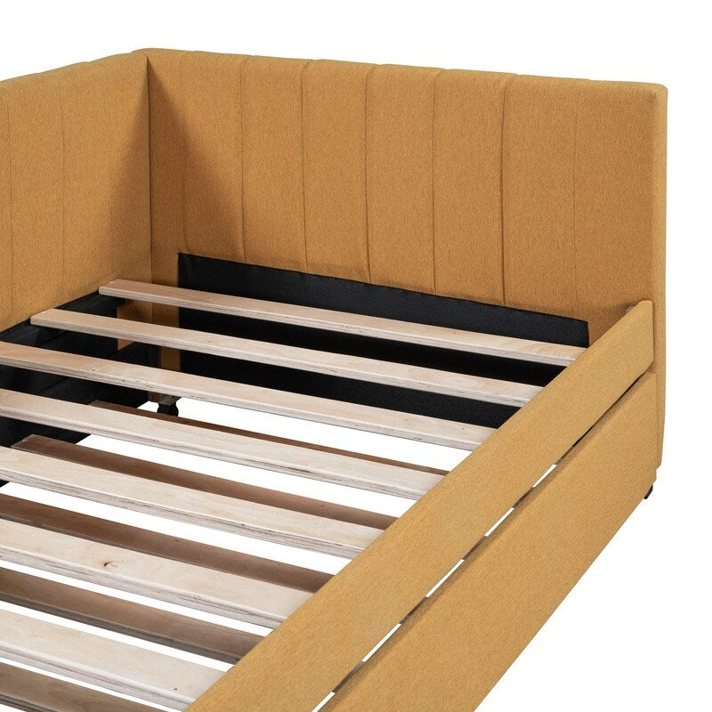 Upholstered Daybed with Trundle Twin Size Sofa Bed Frame No Box Spring Needed, Linen Fabric