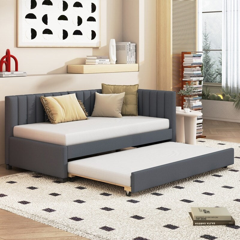 Upholstered Daybed with Trundle Twin Size Sofa Bed Frame No Box Spring Needed, Linen Fabric