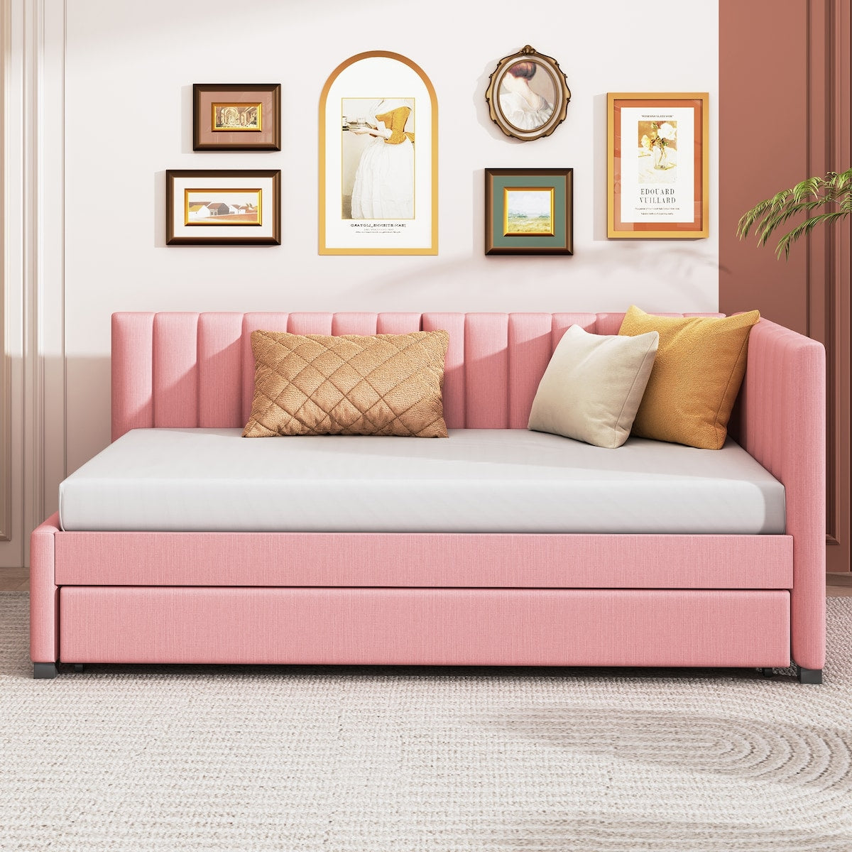 Upholstered Daybed with Trundle Twin Size Sofa Bed Frame