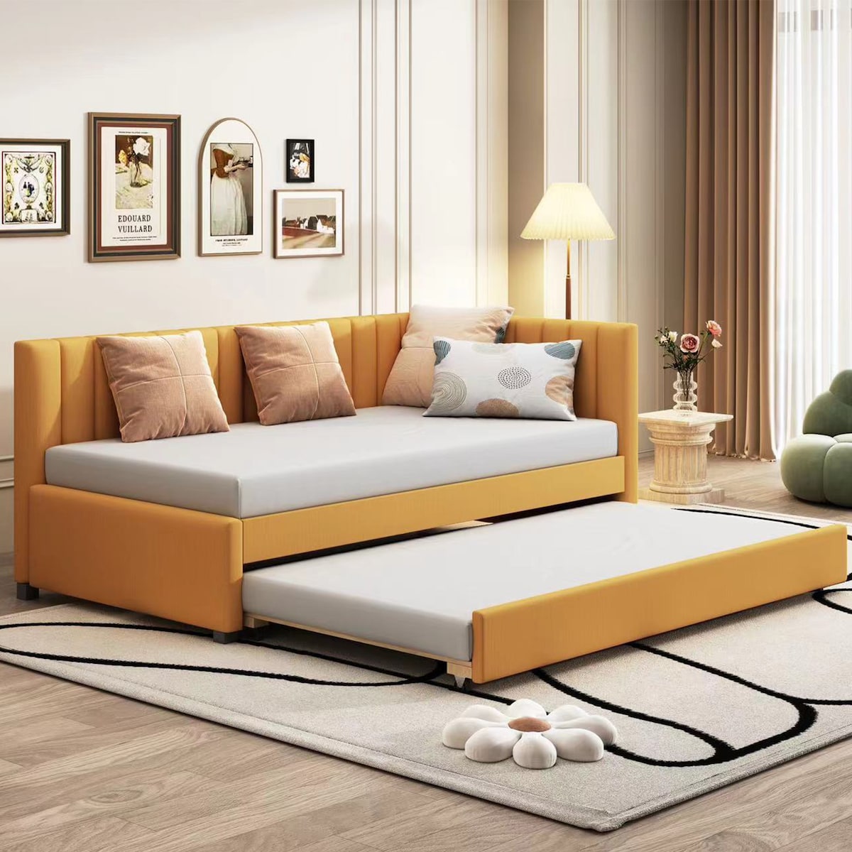 Upholstered Daybed with Trundle Twin Size Sofa Bed Frame
