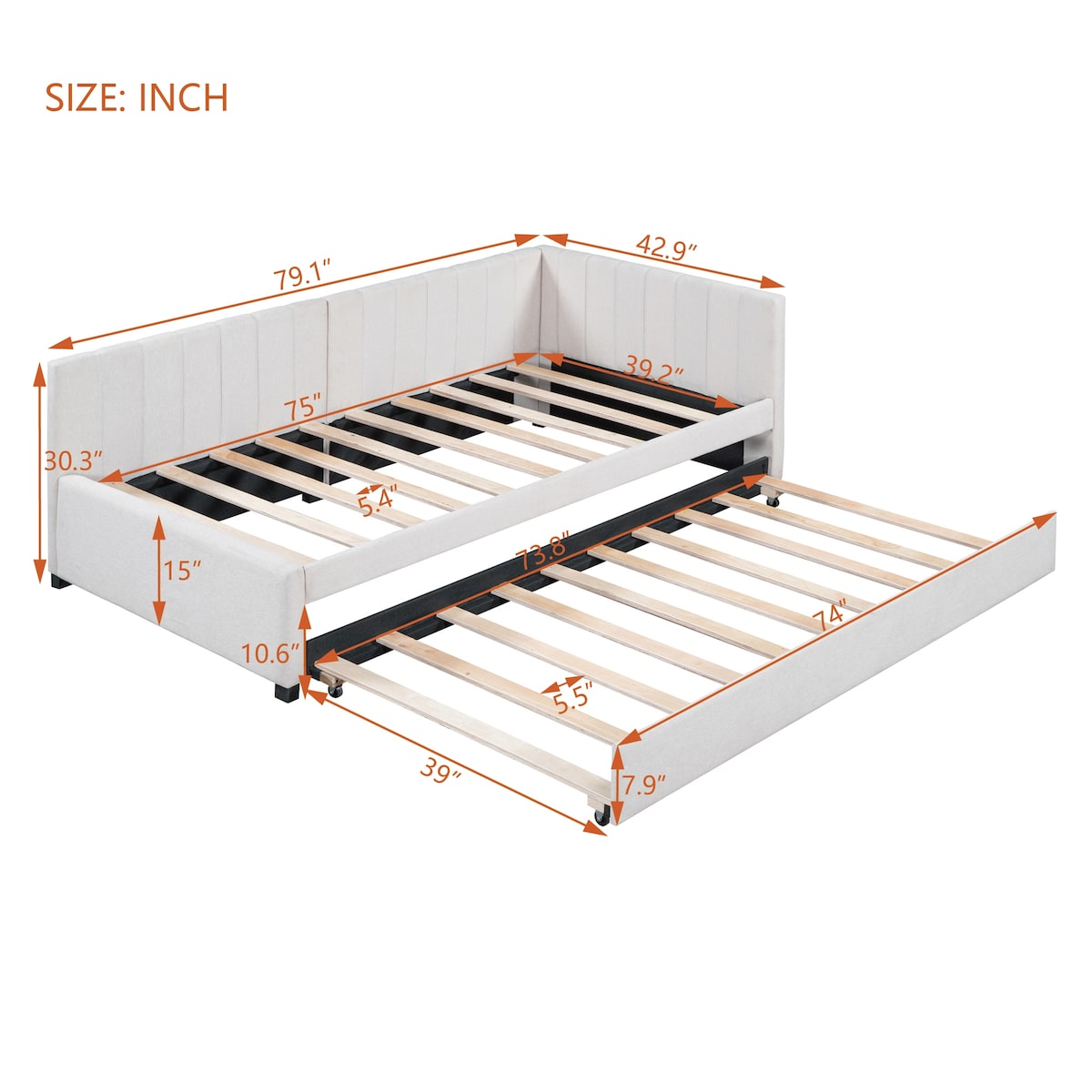 Upholstered Daybed with Trundle Twin Size Sofa Bed Frame