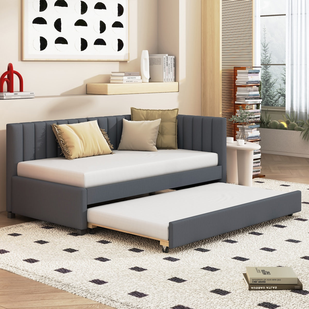 Upholstered Daybed with Trundle Twin Size Sofa Bed Frame