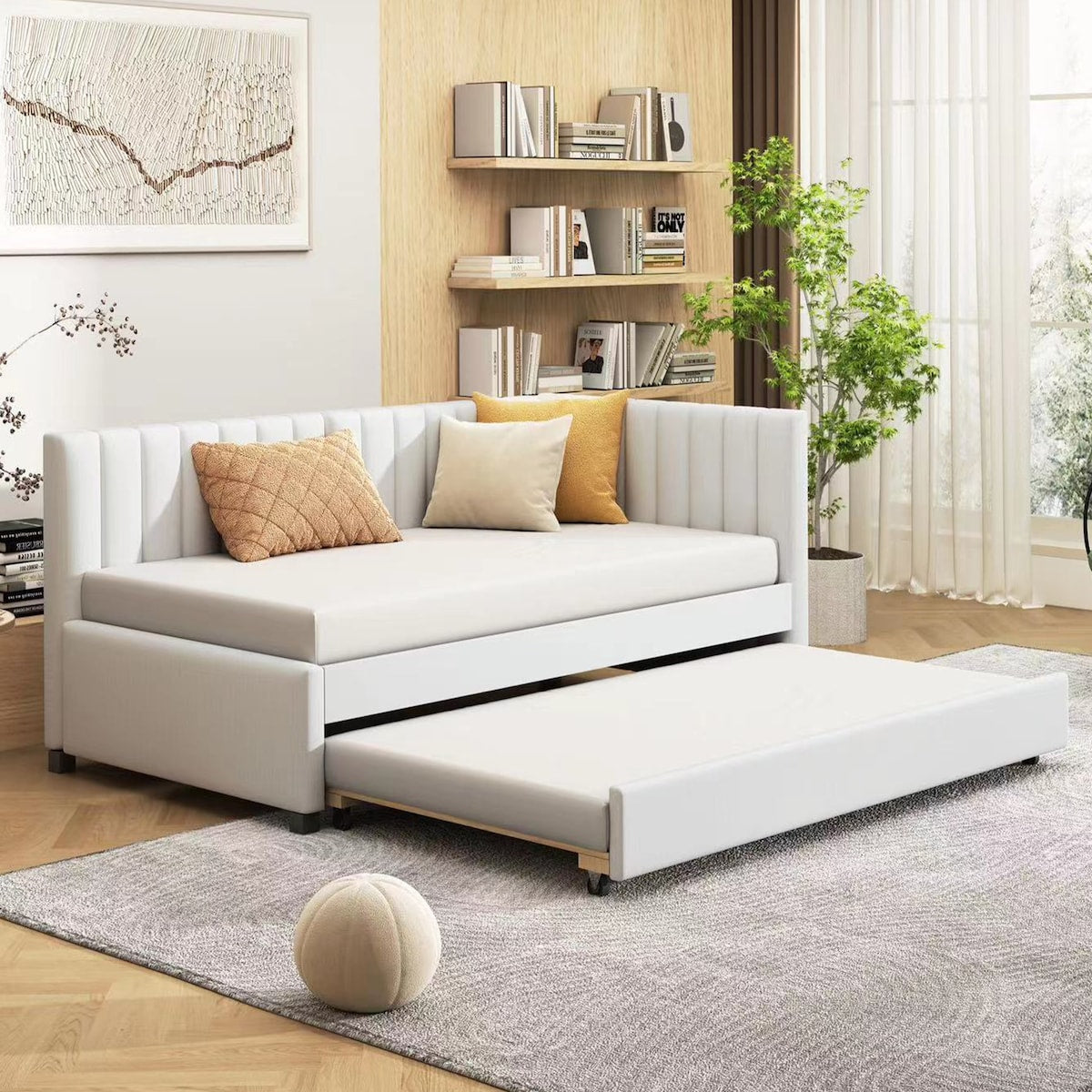 Upholstered Daybed with Trundle Twin Size Sofa Bed Frame