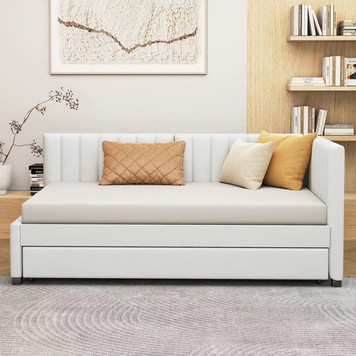 Upholstered Daybed with Trundle Twin Size Sofa Bed Frame