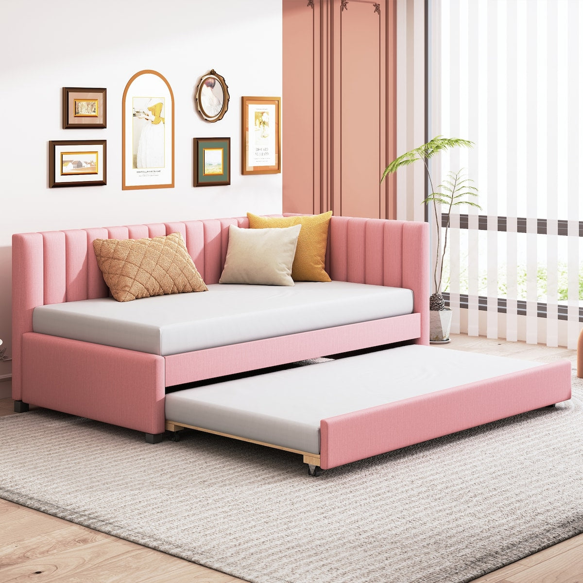Upholstered Daybed with Trundle Twin Size Sofa Bed Frame