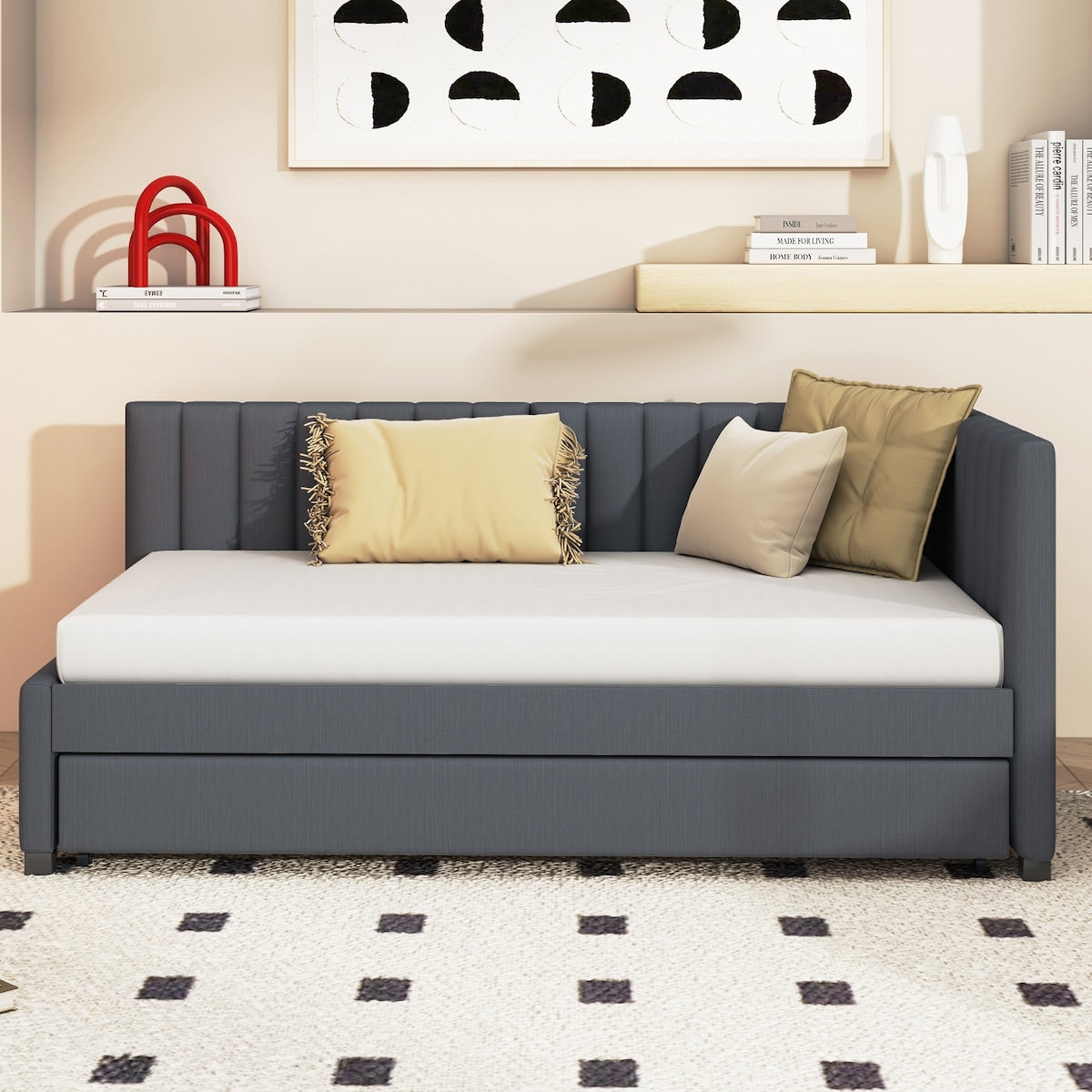 Upholstered Daybed with Trundle Twin Size Sofa Bed Frame