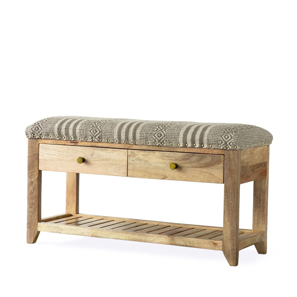 Upholstered Entryway Storage Bench, Solid Wood, 2-Drawers, 1-Shelf - 14" H x 34" W x 18" D
