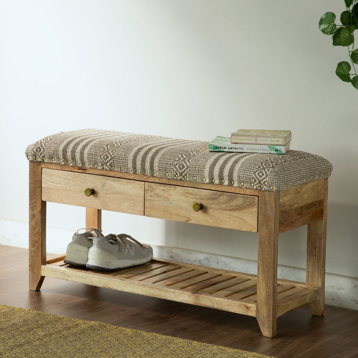 Upholstered Entryway Storage Bench, Solid Wood, 2-Drawers, 1-Shelf - 14" H x 34" W x 18" D