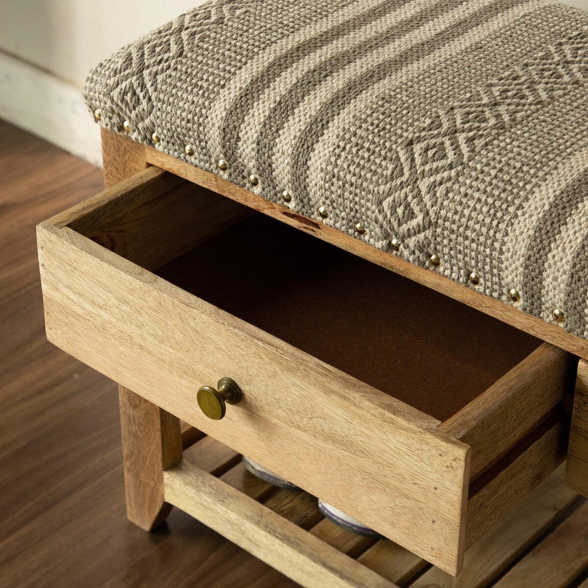 Upholstered Entryway Storage Bench, Solid Wood, 2-Drawers, 1-Shelf - 14" H x 34" W x 18" D