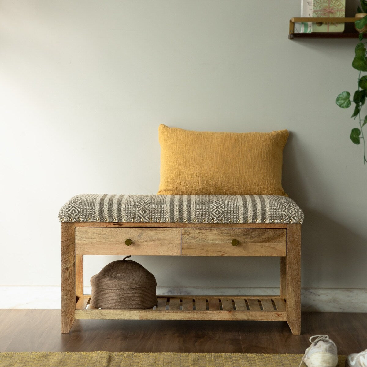 Upholstered Entryway Storage Bench, Solid Wood, 2-Drawers, 1-Shelf - 14" H x 34" W x 18" D
