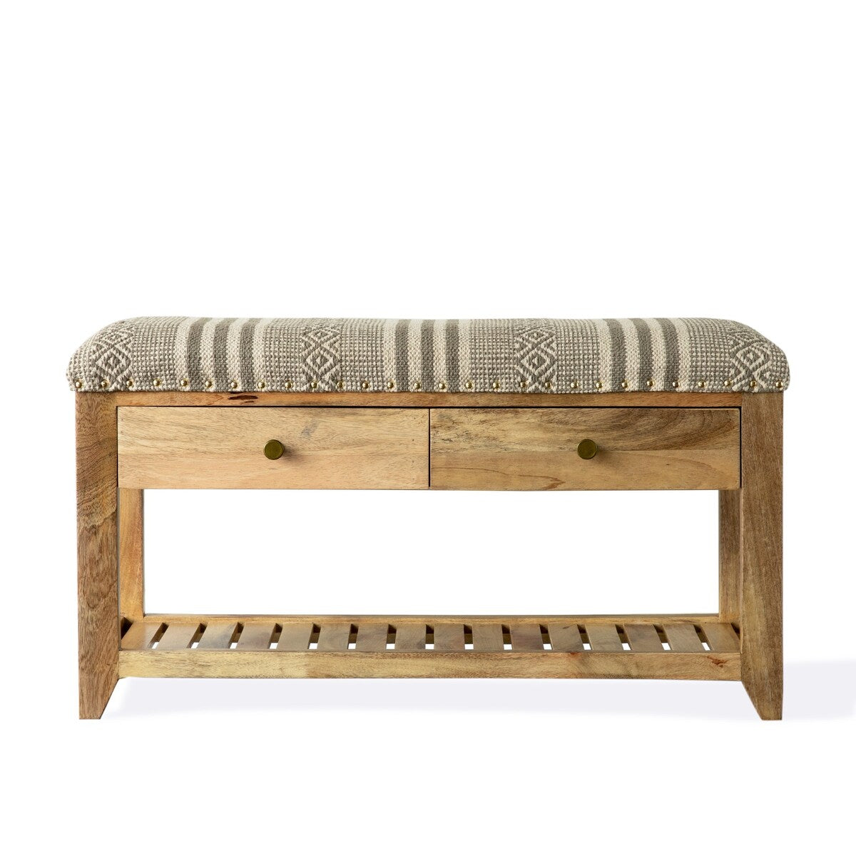 Upholstered Entryway Storage Bench, Solid Wood, 2-Drawers, 1-Shelf - 14" H x 34" W x 18" D