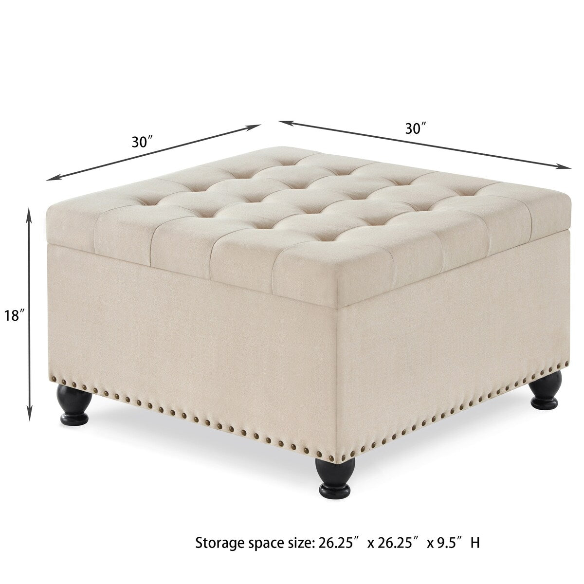 Upholstered Fabric Button Tufted Storage Ottoman with Nail Trims