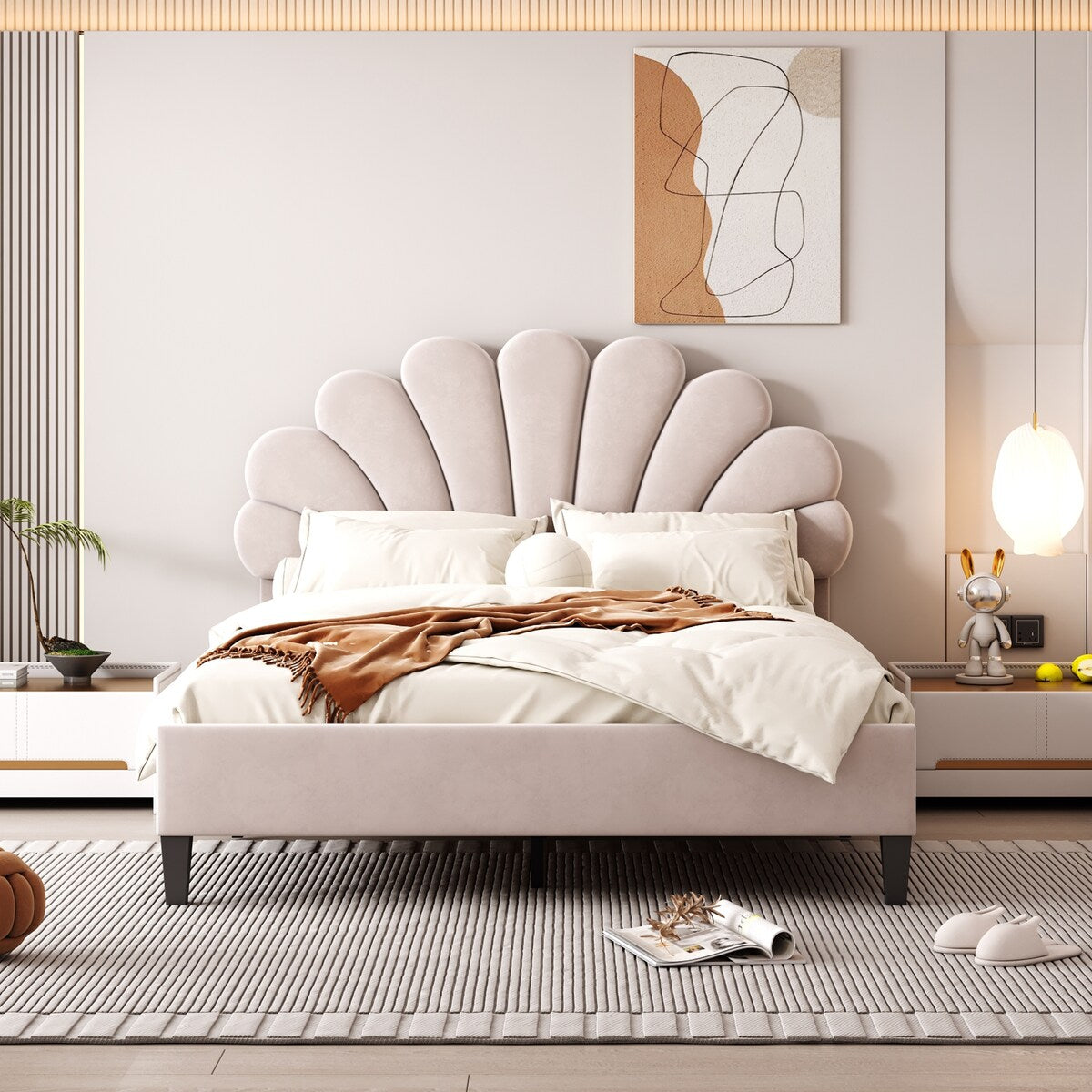 Upholstered Full/Queen Size Platform Bed for Kids,Adults Bedroom,Velvet Bedframe w/ Flower Pattern Headboard & Wood Slat Support