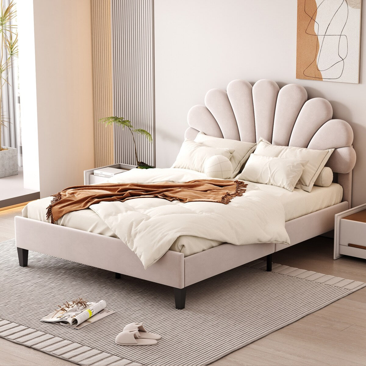 Upholstered Full/Queen Size Platform Bed for Kids,Adults Bedroom,Velvet Bedframe w/ Flower Pattern Headboard & Wood Slat Support
