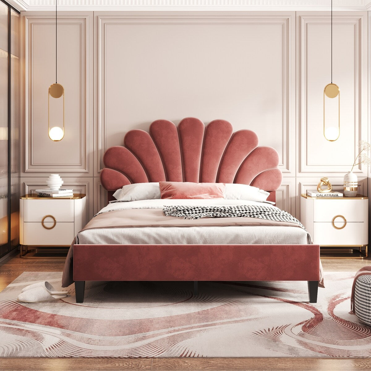 Upholstered Full/Queen Size Platform Bed for Kids,Adults Bedroom,Velvet Bedframe w/ Flower Pattern Headboard & Wood Slat Support