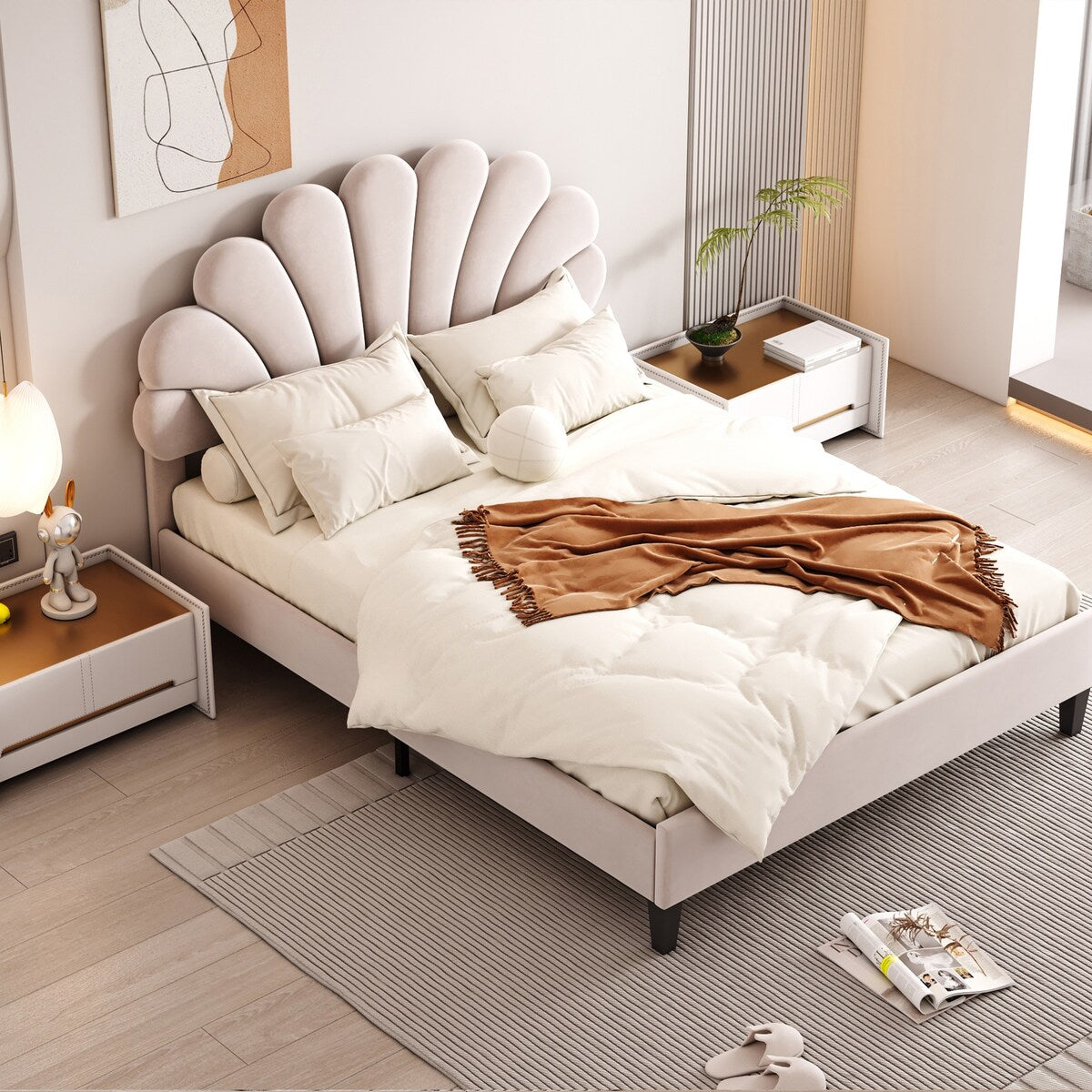 Upholstered Full/Queen Size Platform Bed for Kids,Adults Bedroom,Velvet Bedframe w/ Flower Pattern Headboard & Wood Slat Support