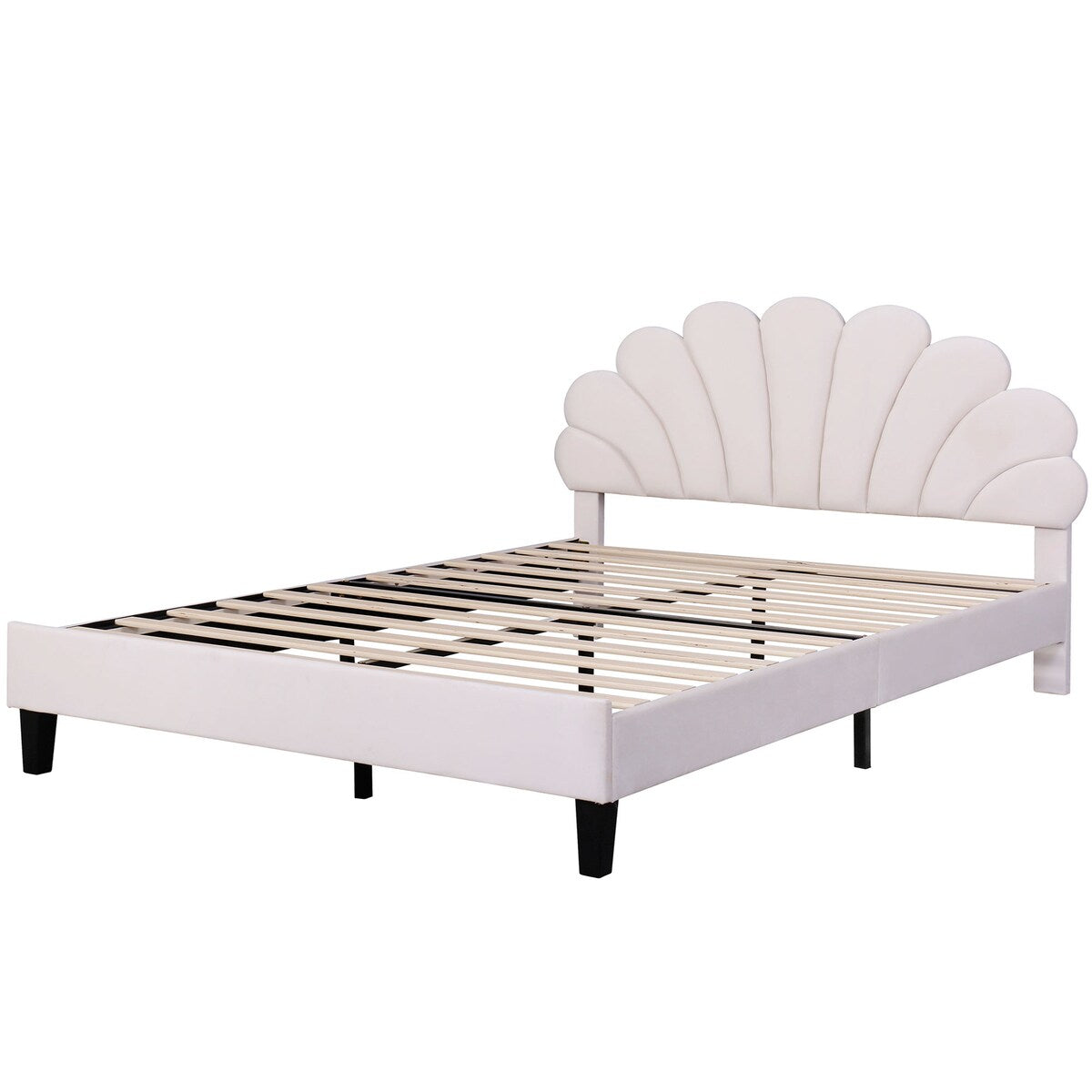 Upholstered Full/Queen Size Platform Bed for Kids,Adults Bedroom,Velvet Bedframe w/ Flower Pattern Headboard & Wood Slat Support