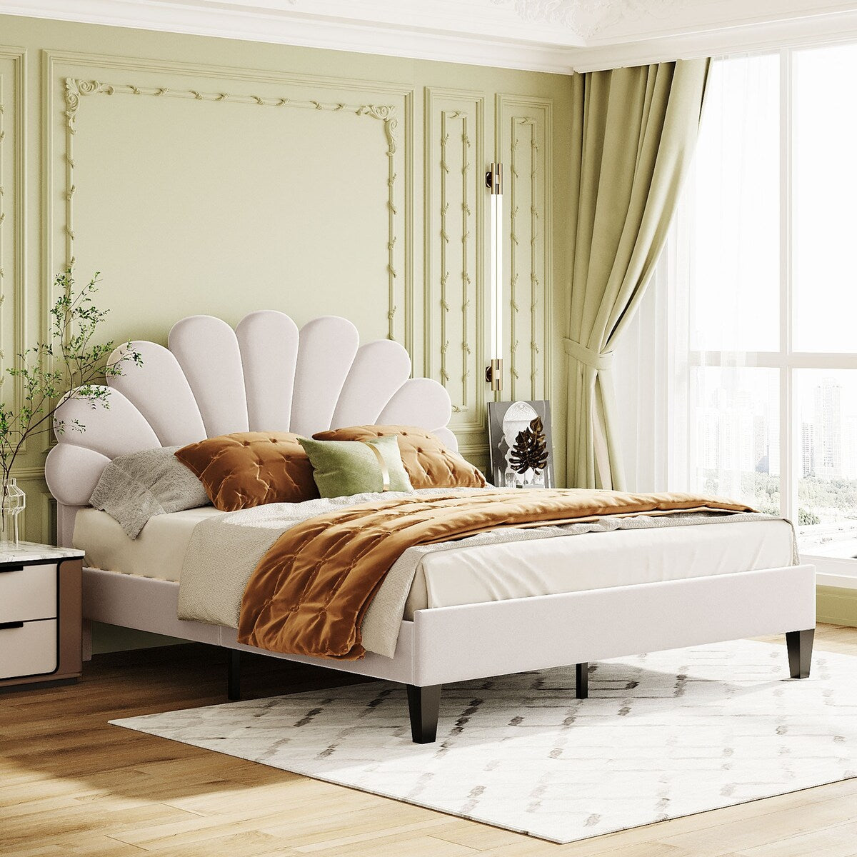 Upholstered Full/Queen Size Platform Bed for Kids,Adults Bedroom,Velvet Bedframe w/ Flower Pattern Headboard & Wood Slat Support