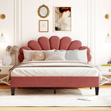 Upholstered Full/Queen Size Platform Bed for Kids,Adults Bedroom,Velvet Bedframe w/ Flower Pattern Headboard & Wood Slat Support
