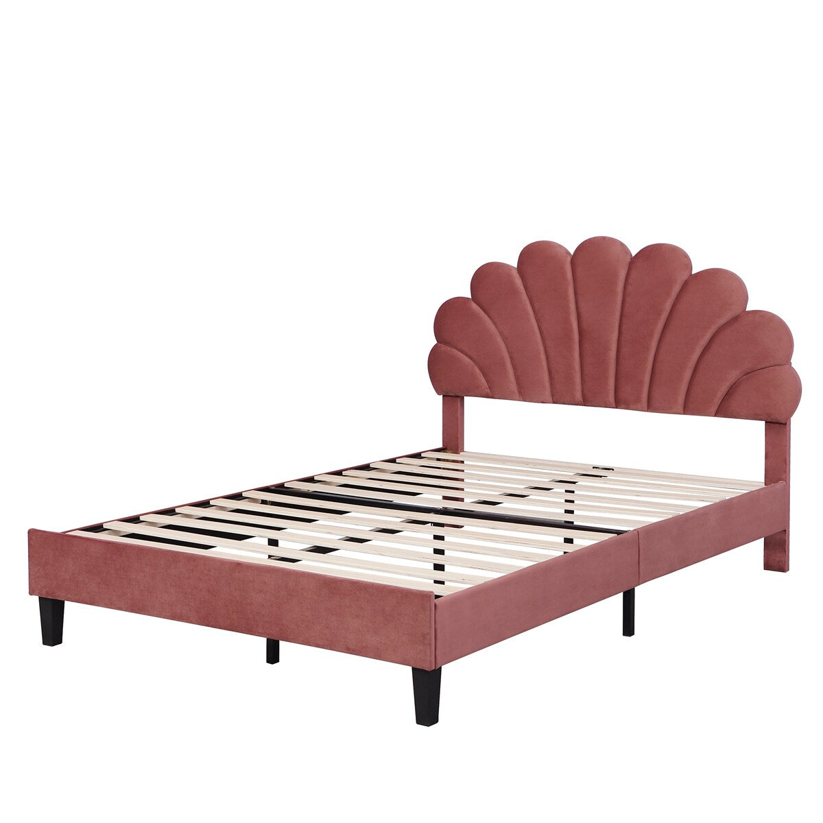 Upholstered Full/Queen Size Platform Bed for Kids,Adults Bedroom,Velvet Bedframe w/ Flower Pattern Headboard & Wood Slat Support