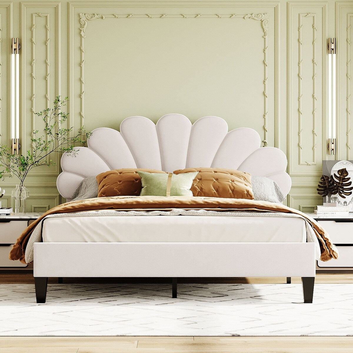 Upholstered Full/Queen Size Platform Bed for Kids,Adults Bedroom,Velvet Bedframe w/ Flower Pattern Headboard & Wood Slat Support