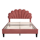 Upholstered Full/Queen Size Platform Bed for Kids,Adults Bedroom,Velvet Bedframe w/ Flower Pattern Headboard & Wood Slat Support