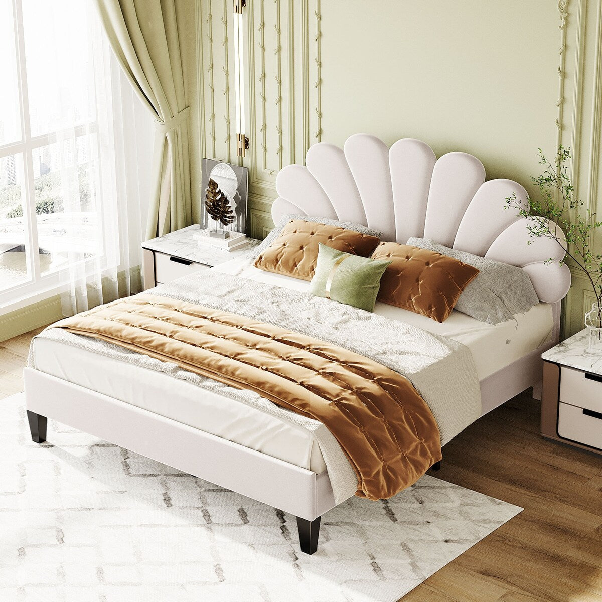 Upholstered Full/Queen Size Platform Bed for Kids,Adults Bedroom,Velvet Bedframe w/ Flower Pattern Headboard & Wood Slat Support