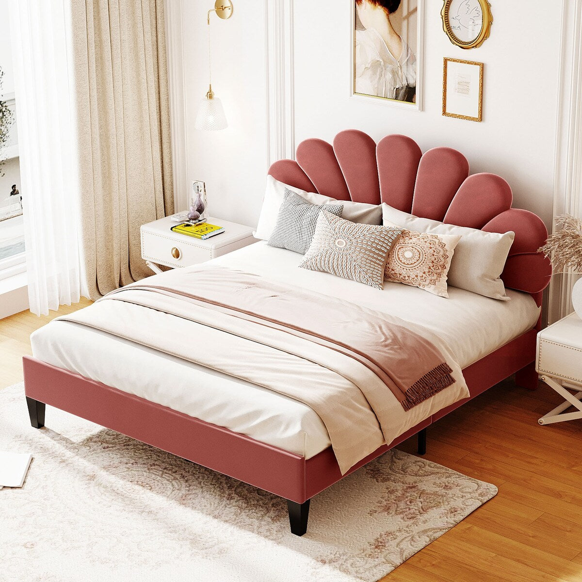 Upholstered Full/Queen Size Platform Bed for Kids,Adults Bedroom,Velvet Bedframe w/ Flower Pattern Headboard & Wood Slat Support