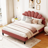 Upholstered Full/Queen Size Platform Bed for Kids,Adults Bedroom,Velvet Bedframe w/ Flower Pattern Headboard & Wood Slat Support