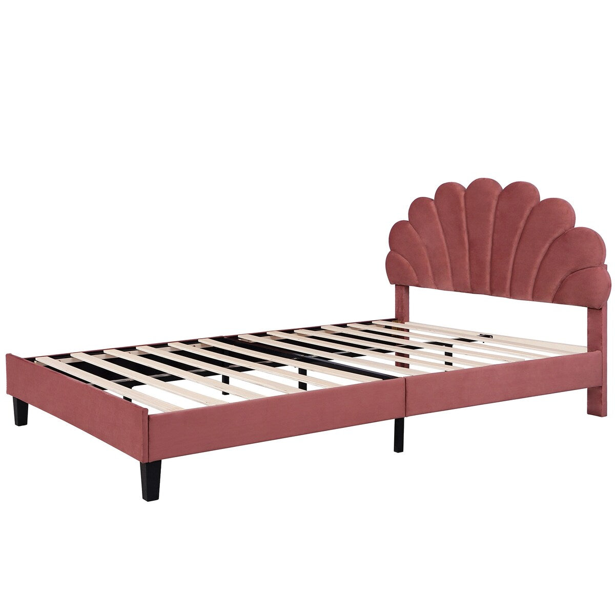Upholstered Full/Queen Size Platform Bed for Kids,Adults Bedroom,Velvet Bedframe w/ Flower Pattern Headboard & Wood Slat Support