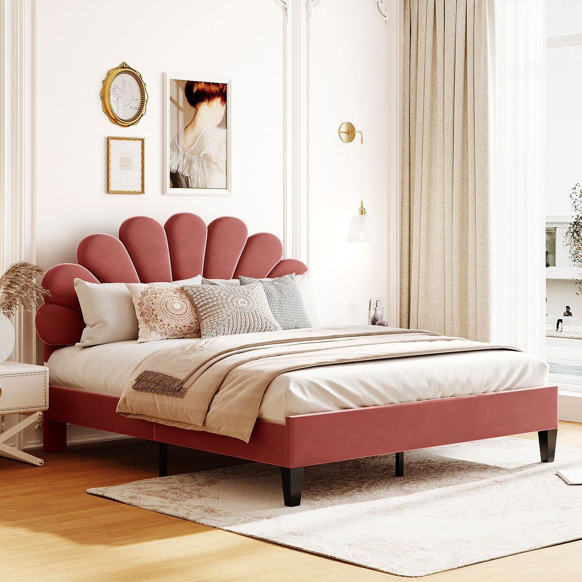 Upholstered Full/Queen Size Platform Bed for Kids,Adults Bedroom,Velvet Bedframe w/ Flower Pattern Headboard & Wood Slat Support