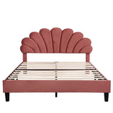 Upholstered Full/Queen Size Platform Bed for Kids,Adults Bedroom,Velvet Bedframe w/ Flower Pattern Headboard & Wood Slat Support