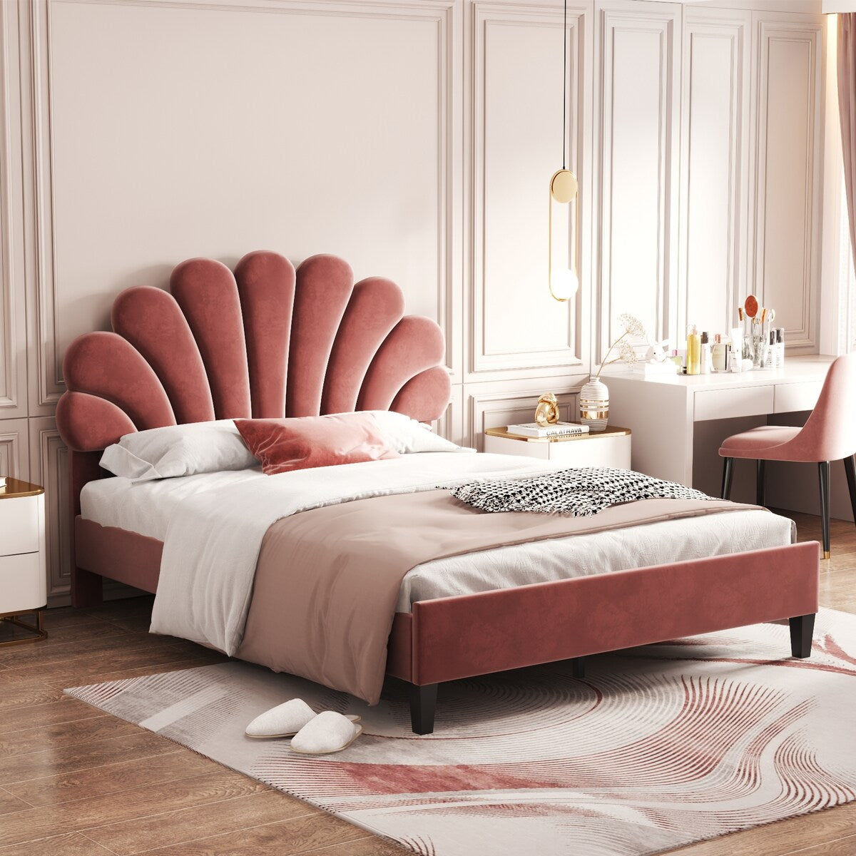 Upholstered Full/Queen Size Platform Bed for Kids,Adults Bedroom,Velvet Bedframe w/ Flower Pattern Headboard & Wood Slat Support