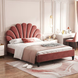 Upholstered Full/Queen Size Platform Bed for Kids,Adults Bedroom,Velvet Bedframe w/ Flower Pattern Headboard & Wood Slat Support