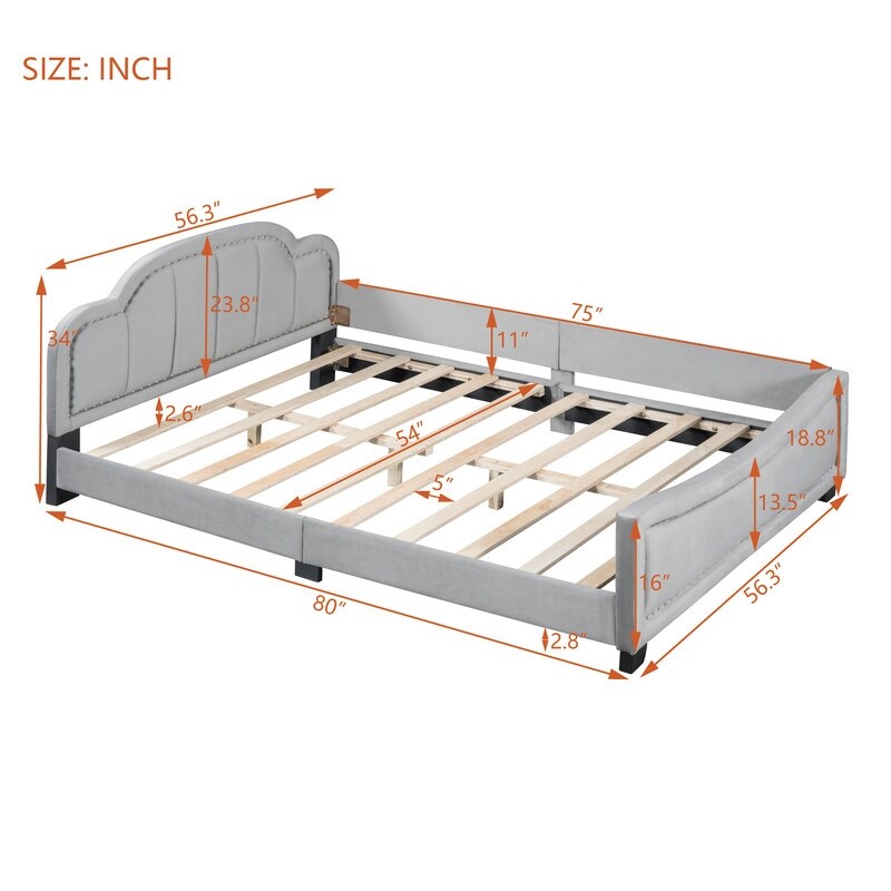 Upholstered Full Size Platform Bed Daybed with Embedded Elegant Copper Nail