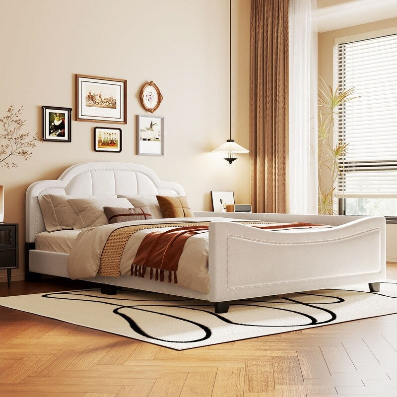 Upholstered Full Size Platform Bed Daybed with Embedded Elegant Copper Nail