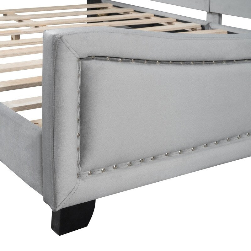 Upholstered Full Size Platform Bed Daybed with Embedded Elegant Copper Nail