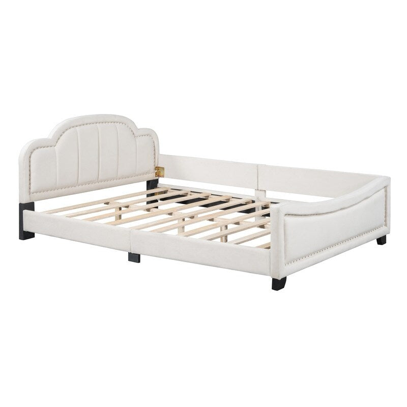 Upholstered Full Size Platform Bed Daybed with Embedded Elegant Copper Nail
