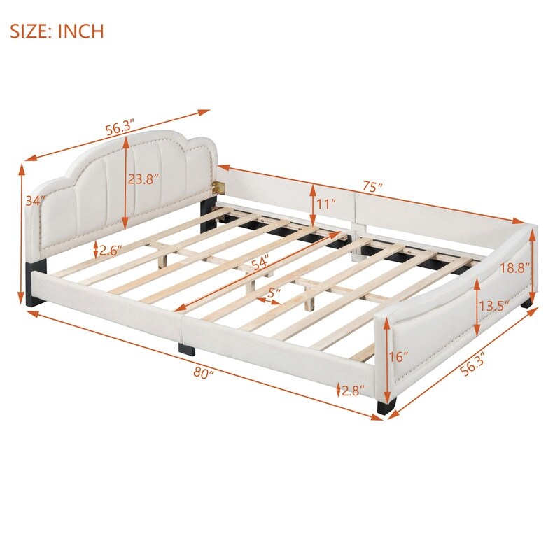 Upholstered Full Size Platform Bed Daybed with Embedded Elegant Copper Nail
