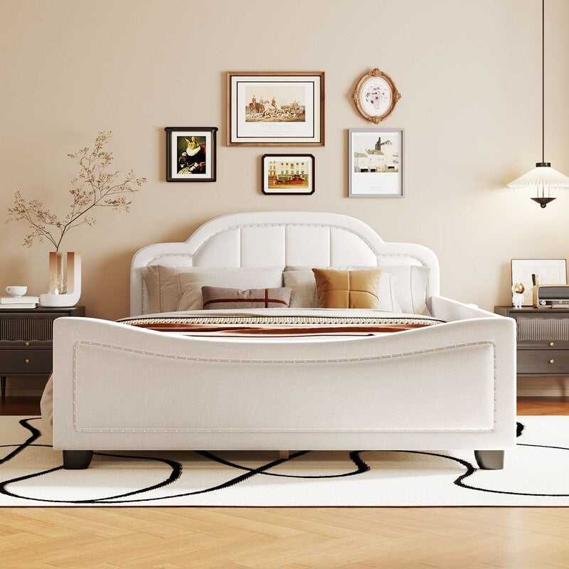 Upholstered Full Size Platform Bed Daybed with Embedded Elegant Copper Nail