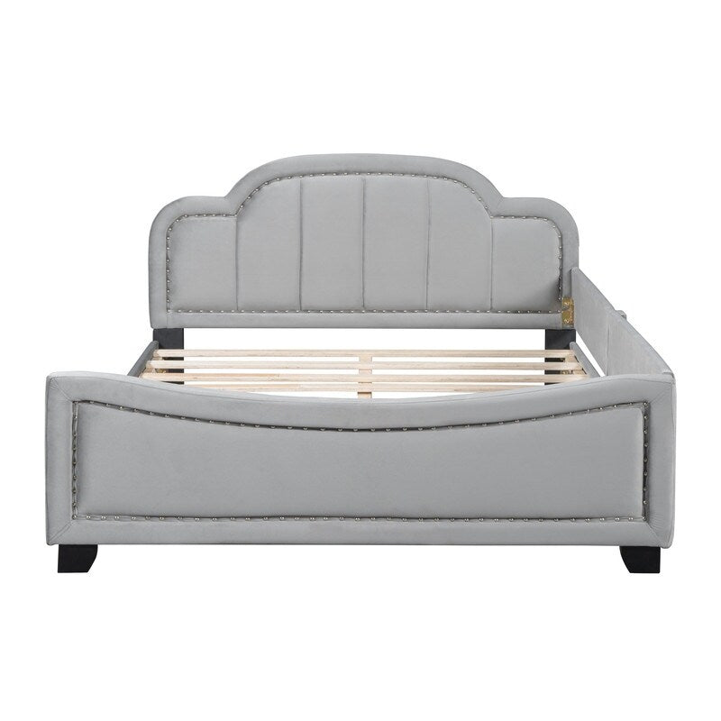 Upholstered Full Size Platform Bed Daybed with Embedded Elegant Copper Nail