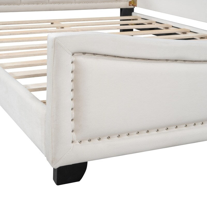 Upholstered Full Size Platform Bed Daybed with Embedded Elegant Copper Nail