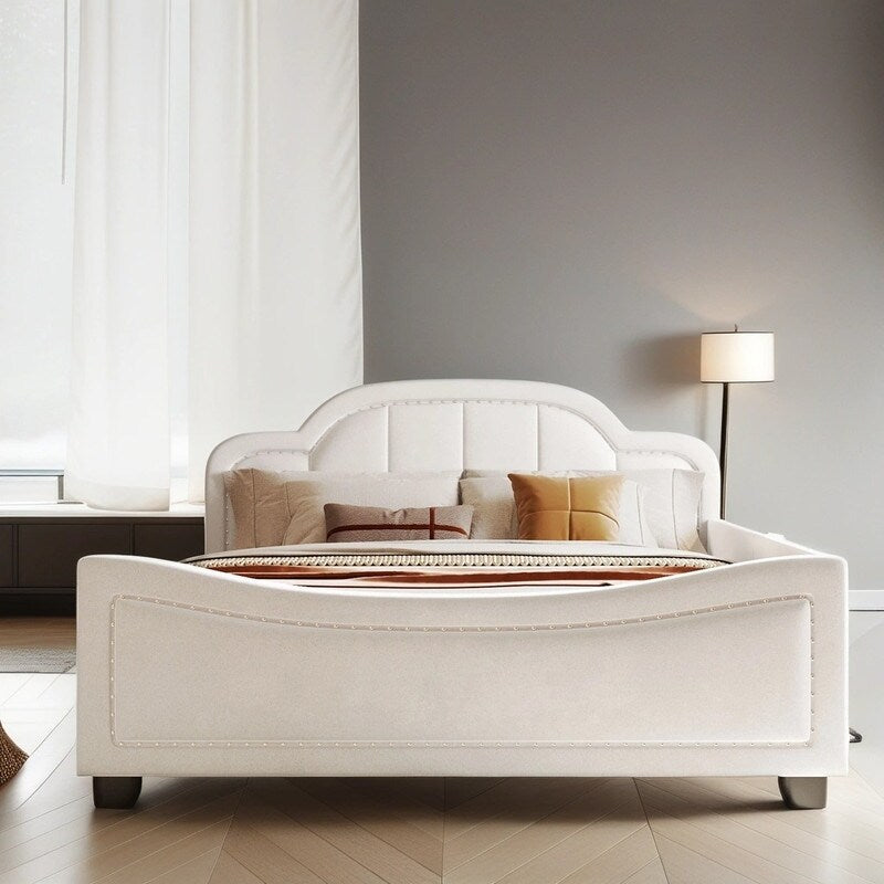 Upholstered Full Size Platform Bed Daybed with Embedded Elegant Copper Nail